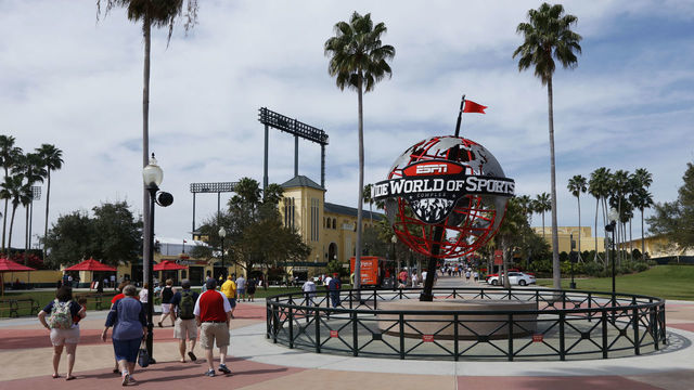 LAKE BUENA VISTA, FL - MARCH 5: General view of the exterior of the ballpark as fans make their way into the ESPN Wide World of Sports Complex prior to a spring training game between the Pittsburgh Pirates and Atlanta Braves at Champion Stadium on March 5, 2016 in Lake Buena Vista, Florida. The Pirates defeated the Braves 9-6.