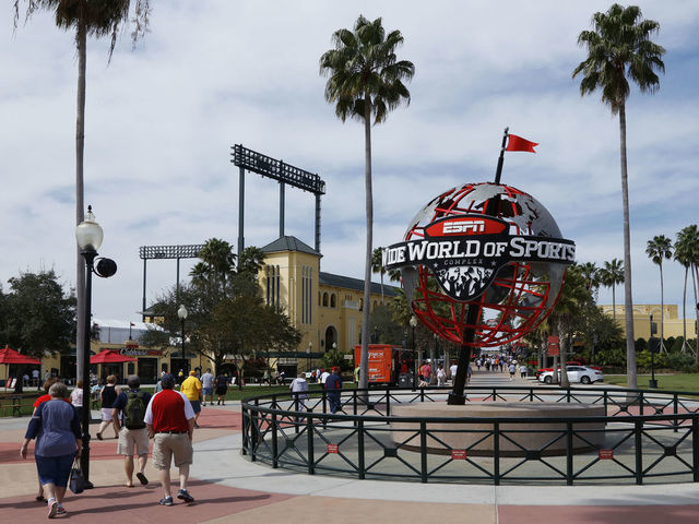 LAKE BUENA VISTA, FL - MARCH 5: General view of the exterior of the ballpark as fans make their way into the ESPN Wide World of Sports Complex prior to a spring training game between the Pittsburgh Pirates and Atlanta Braves at Champion Stadium on March 5, 2016 in Lake Buena Vista, Florida. The Pirates defeated the Braves 9-6.