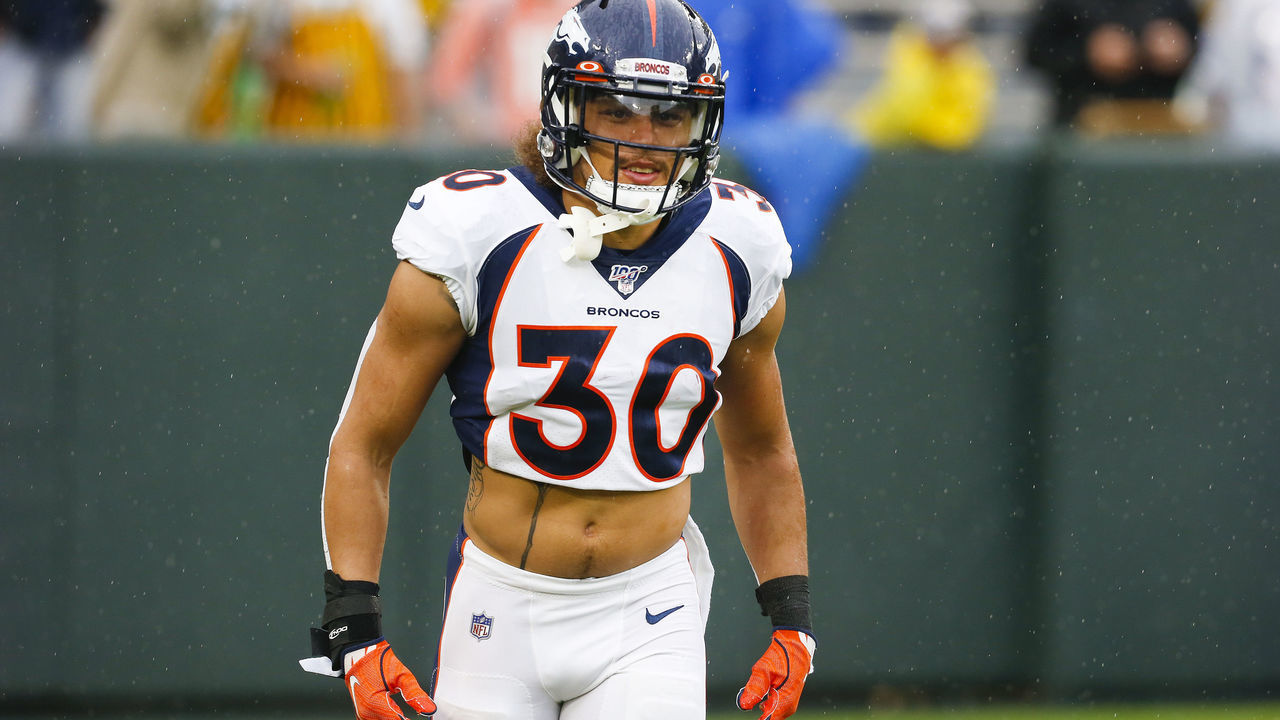 GREEN BAY, WISCONSIN - SEPTEMBER 22: Phillip Lindsay #30 of the Denver Broncos walks on the field during warmups prior to the a against the Green Bay Packers at Lambeau Field on September 22, 2019 in Green Bay, Wisconsin.