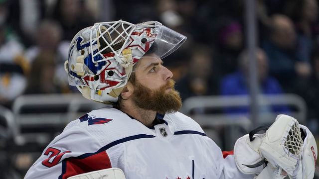 PITTSBURGH, PA - MARCH 07: Washington Capitals Goalie Braden Holtby (70) looks on during the first period in the NHL game between the Pittsburgh Penguins and the Washington Capitals on March 7, 2020, at PPG Paints Arena in Pittsburgh, PA.