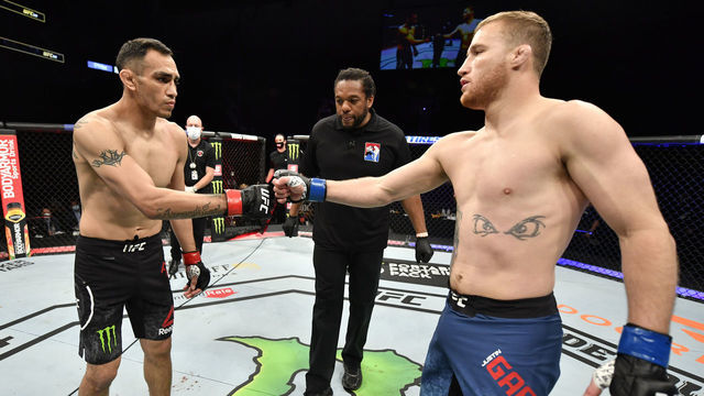 JACKSONVILLE, FLORIDA - MAY 09: (L-R) Opponents Tony Ferguson and Justin Gaethje face off prior to their UFC interim lightweight championship fight during the UFC 249 event at VyStar Veterans Memorial Arena on May 09, 2020 in Jacksonville, Florida.