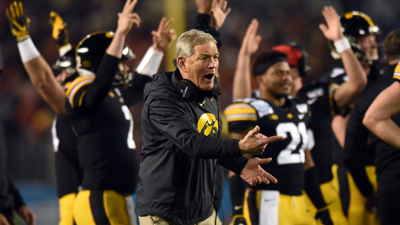 SAN DIEGO, CA - DECEMBER 27: Iowa head coach Kirk Ferentz argues for a touchdown call during the Holiday Bowl game between the USC Trojans and the Iowa Hawkeyes on December 27, 2019, at SDCCU Stadium in San Diego, CA.