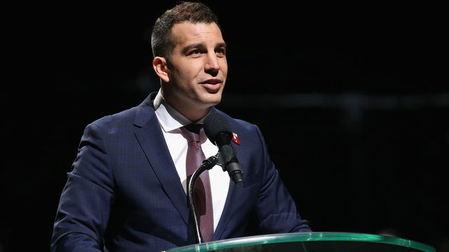GLENDALE, ARIZONA - FEBRUARY 24: President & Chief Executive Officer of the Arizona Coyotes, Ahron Cohen speaks during a pregame ceremony to honor Shane Doan and retire his jersey at Gila River Arena on February 24, 2019 in Glendale, Arizona.
