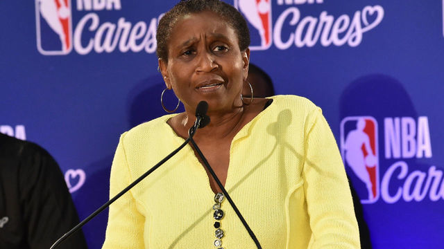 OAKLAND, CA - JUNE 6: NBPA Executive Director Michele Roberts speaks to the crowd as she takes part in the 2019 NBA Finals Cares Legacy Project as part of the 2019 NBA Finals on June 6, 2019 at the Ira Jinkins Recreation Center in Oakland, California. Mandatory Copyright Notice: Copyright 2019 NBAE
