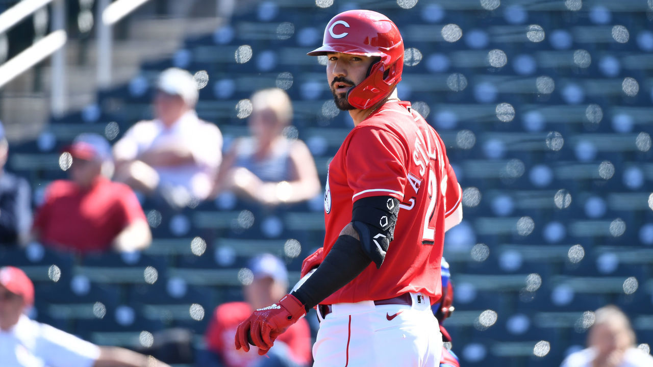 GOODYEAR, ARIZONA - FEBRUARY 24: Nick Castellanos #2 of the Cincinnati Reds looks down to third base before stepping into the batter box during a spring training game against the Texas Rangers at Goodyear Ballpark on February 24, 2020 in Goodyear, Arizona.