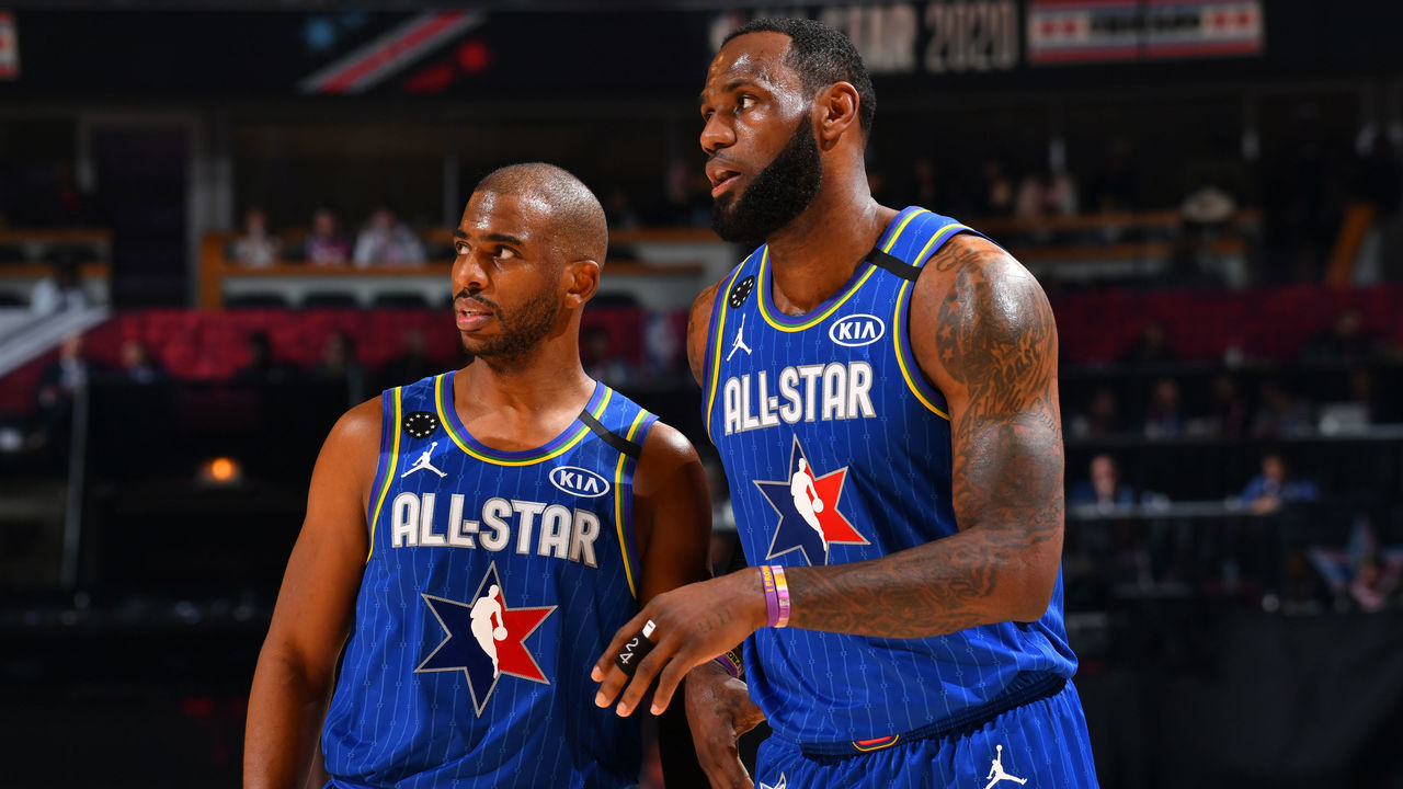CHICAGO, IL - FEBRUARY 16: Chris Paul #2 and LeBron James #2 of Team LeBron look on during the 69th NBA All-Star Game on February 16, 2020 at the United Center in Chicago, Illinois. Mandatory Copyright Notice: Copyright 2020 NBAE