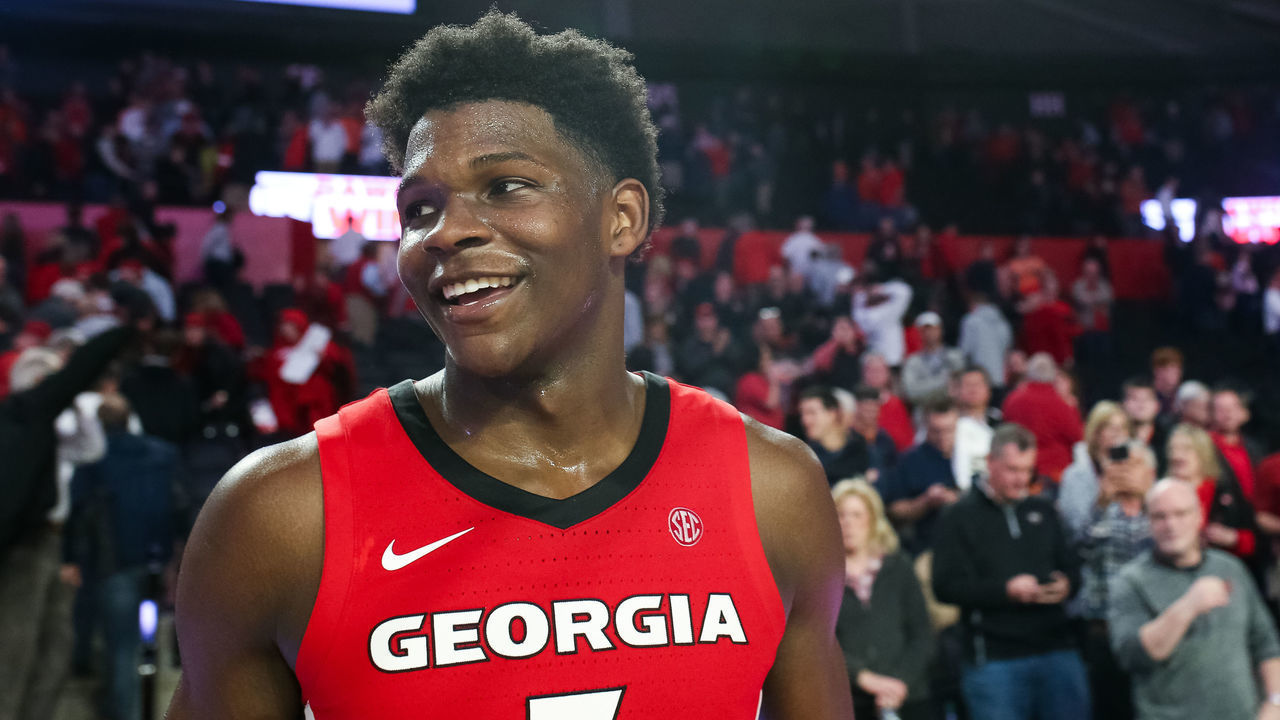 ATHENS, GA - FEBRUARY 19: Anthony Edwards #5 of the Georgia Bulldogs looks on during a game against the Auburn Tigers at Stegeman Coliseum on February 19, 2020 in Athens, Georgia.