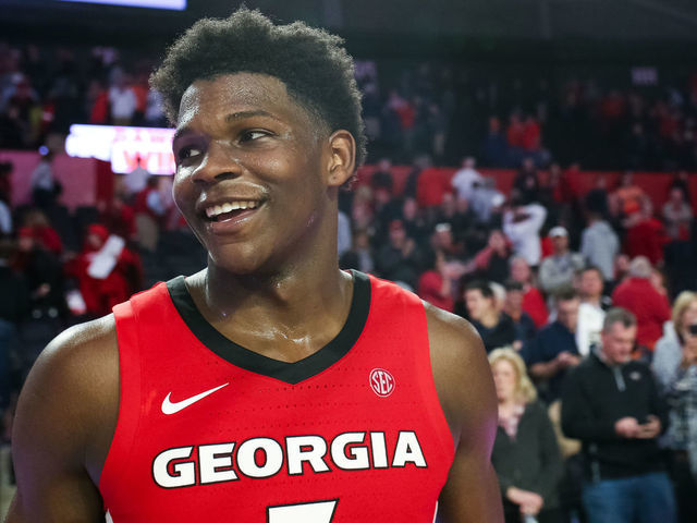 ATHENS, GA - FEBRUARY 19: Anthony Edwards #5 of the Georgia Bulldogs looks on during a game against the Auburn Tigers at Stegeman Coliseum on February 19, 2020 in Athens, Georgia.