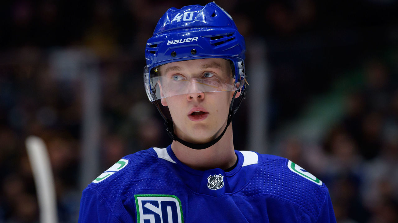VANCOUVER, BC - FEBRUARY 19: Vancouver Canucks Center Elias Pettersson (40) waits for a face-off during their NHL game against the Minnesota Wild at Rogers Arena on February 19, 2020 in Vancouver, British Columbia, Canada.