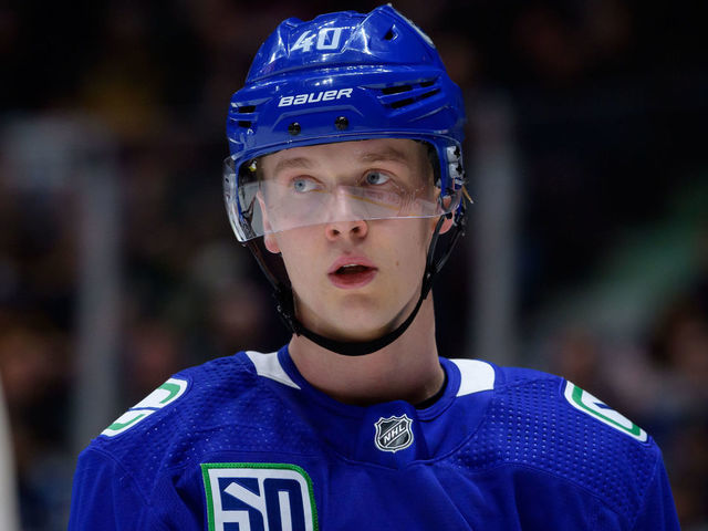 VANCOUVER, BC - FEBRUARY 19: Vancouver Canucks Center Elias Pettersson (40) waits for a face-off during their NHL game against the Minnesota Wild at Rogers Arena on February 19, 2020 in Vancouver, British Columbia, Canada.