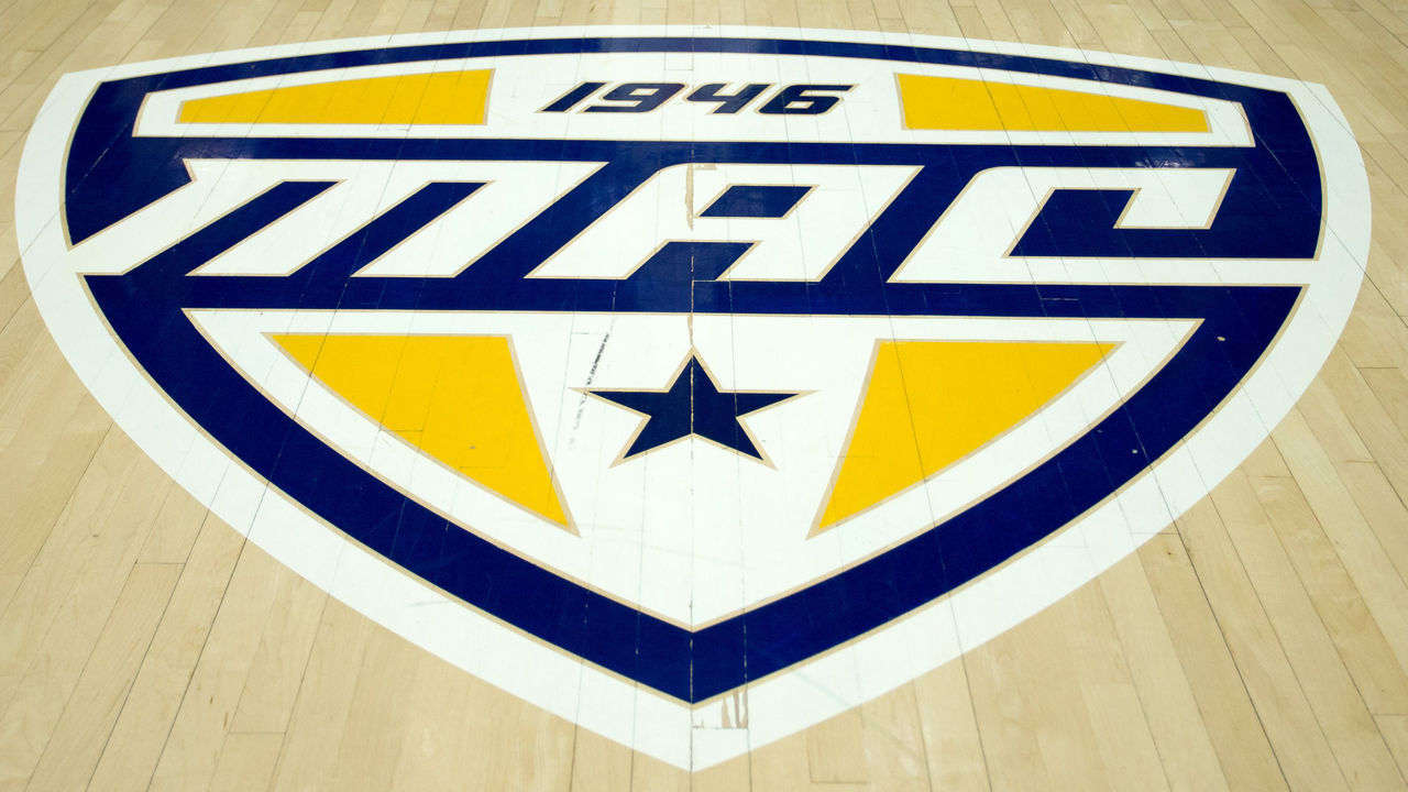KENT, OH - JANUARY 28: The Mid-American Conference logo in the floor prior to the men's college basketball game between the Central Michigan Chippewas and Kent State Golden Flashes on January 28, 2017, at the Memorial Athletic and Convocation Center in Kent, OH. Central Michigan defeated Kent State 105-98 in overtime.