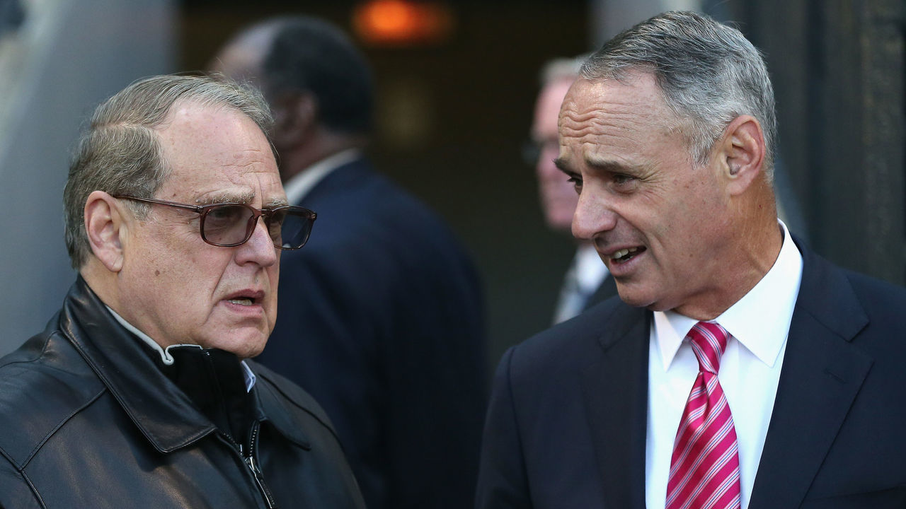 CHICAGO, IL - MAY 05: Chairman and owner Jerry Reinsdorf of the Chicago White Sox (L) talks with Rob Manfred, commissioner of the baseball, before a game between the White Sox and the Boston Red Sox at U.S. Cellular Field on May 5, 2016 in Chicago, Illinois.