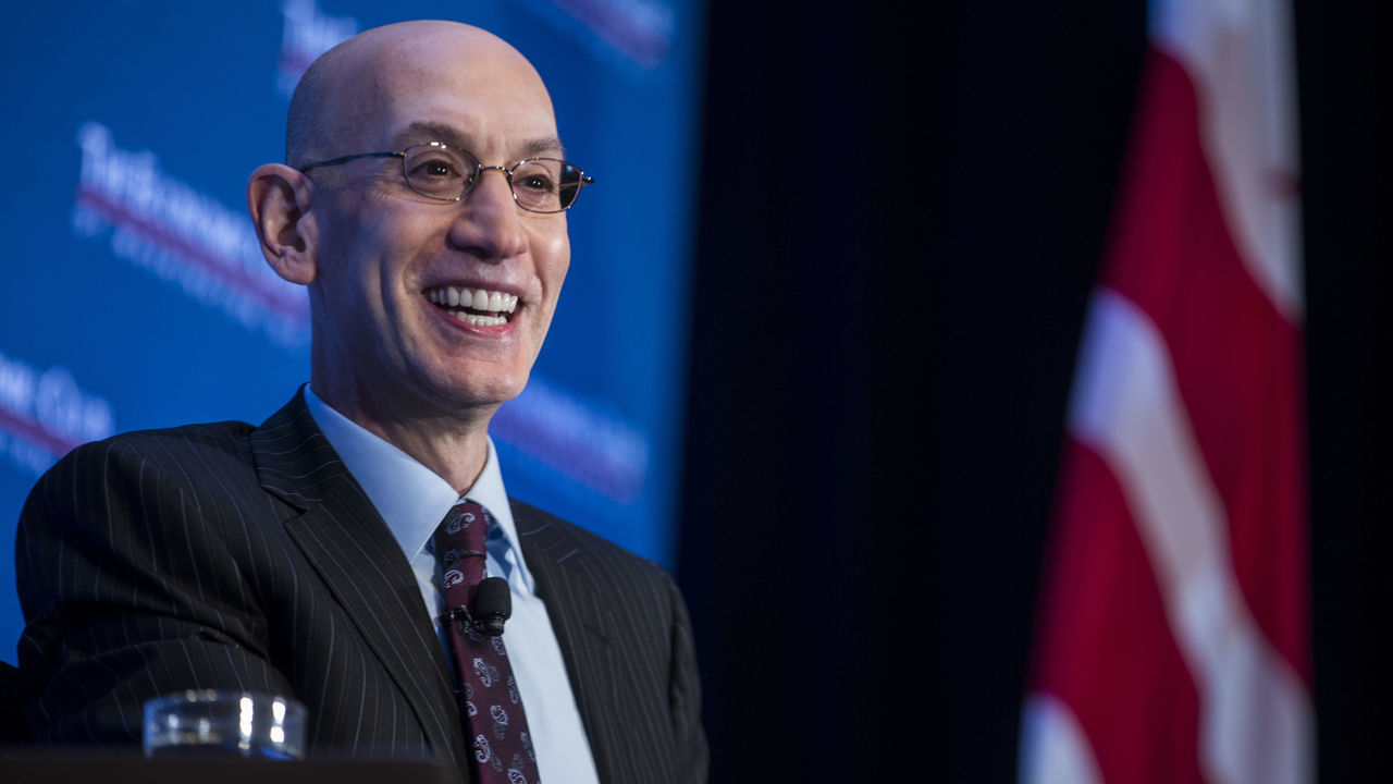 WASHINGTON, DC - MAY 09: NBA Commissioner Adam Silver discusses the state of the NBA and professional sports with Economic Club President David Rubenstein during and event hosted by the Economic Club of Washington, D.C. at the Capitol Hilton on May 9, 2019 in Washington, DC.