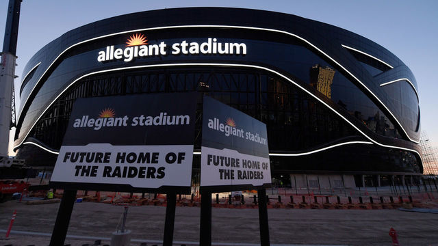 LAS VEGAS, NEVADA - APRIL 23: Crews test out architectural light ribbons and exterior sign lighting as construction continues at Allegiant Stadium, the USD 2 billion, glass-domed future home of the Las Vegas Raiders on April 23, 2020 in Las Vegas, Nevada. The Raiders and the UNLV Rebels football teams are scheduled to begin play at the 65,000-seat facility in their 2020 seasons.