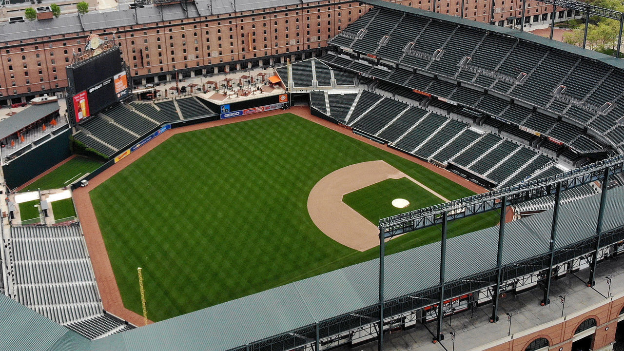 BALTIMORE, MD. - APRIL 29: An aerial view from a drone shows the Camden Yards baseball stadium on April 29, 2020 in Baltimore, Maryland. Baseball season has been put on hold due to states enacting stay-at-home orders and banning all non-essential travel to slow the spread of the coronavirus.