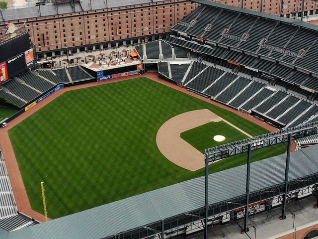 BALTIMORE, MD. - APRIL 29: An aerial view from a drone shows the Camden Yards baseball stadium on April 29, 2020 in Baltimore, Maryland. Baseball season has been put on hold due to states enacting stay-at-home orders and banning all non-essential travel to slow the spread of the coronavirus.