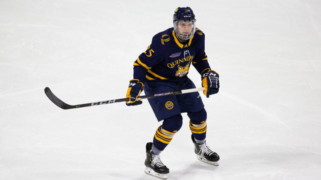 BOSTON, MA - JANUARY 19: Brogan Rafferty #25 of the Quinnipiac University Bobcats skates against the Boston University Terriers during NCAA men's hockey at Agganis Arena on January 19, 2019 in Boston, Massachusetts. The Bobcats won 4-3 on a goal scored with 2 seconds remaining in regulation.