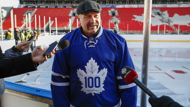 TORONTO, ON - DECEMBER 28: Wendel Clark, a former Toronto Maple Leafs player who will be playing in the 2017 Rogers NHL Centennial Classic Alumni Game on December 31, speaks to the media during the build out of the outdoor rink for the 2017 Scotiabank NHL Centennial Classic between the Detroit Red Wings and the Toronto Maple Leafs at Exhibition Stadium, on December 28, 2016 in Toronto, Ontario, Canada.