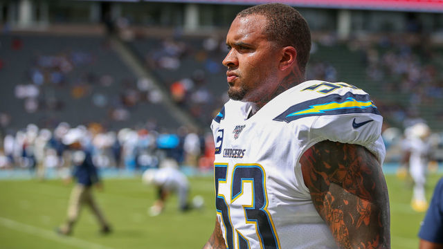 LOS ANGELES, CA - SEPTEMBER 22: Los Angeles Chargers center Mike Pouncey (53) before a NFL football game between the Houston Texans and the Los Angeles Chargers on September 22, 2019, at the Dignity Health Sports Park in Los Angeles, CA.