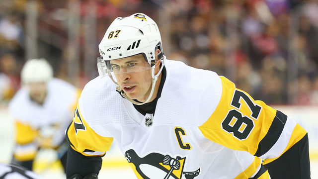 NEWARK, NJ - MARCH 10: Pittsburgh Penguins center Sidney Crosby (87) skates during the National Hockey League game between the New Jersey Devils and the Pittsburgh Penguins on March 10, 2020 at the Prudential Center in Newark, NJ.