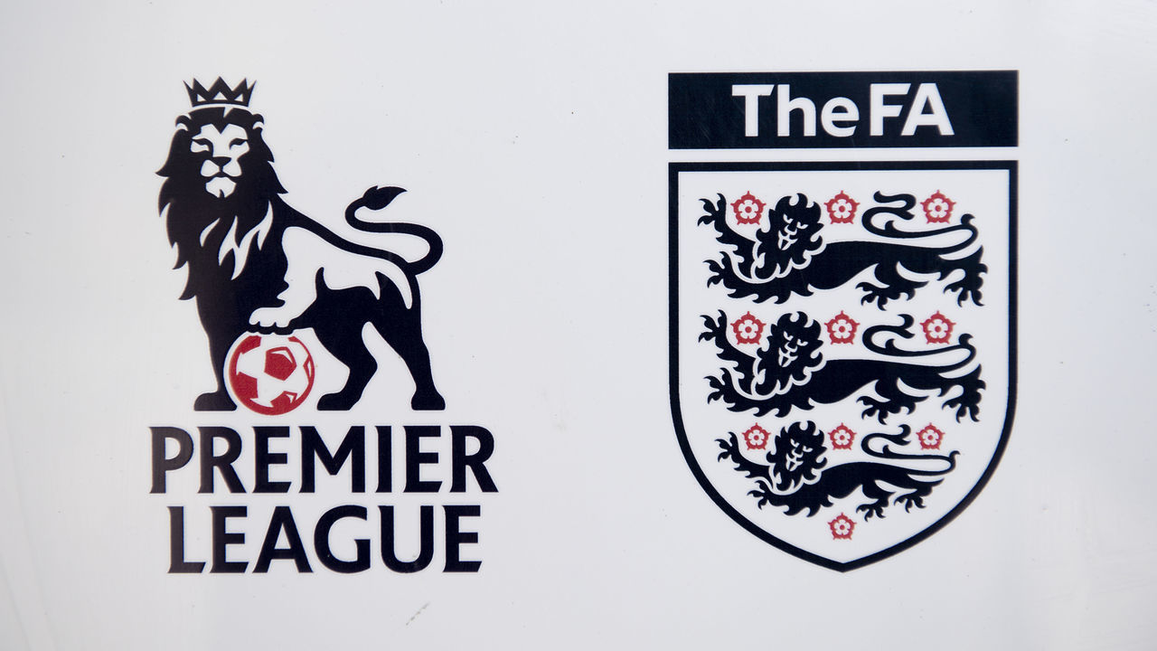 OXFORD, ENGLAND - APRIL 19: Premier League and Football Association branding outside Oxford City Football Club, closed for matches because of the government coronavirus lockdown on April 19, 2020 in Oxford, England.