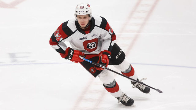 OSHAWA, ON - MARCH 1: Marco Rossi #23 of the Ottawa 67's skates during an OHL game against the Oshawa Generals at the Tribute Communities Centre on March 1, 2020 in Oshawa, Ontario, Canada.