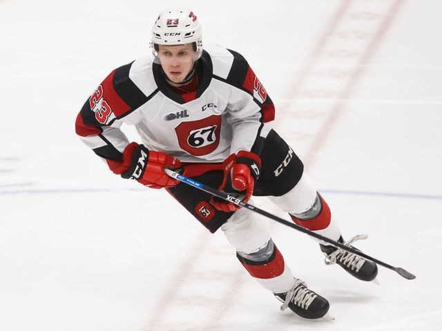 OSHAWA, ON - MARCH 1: Marco Rossi #23 of the Ottawa 67's skates during an OHL game against the Oshawa Generals at the Tribute Communities Centre on March 1, 2020 in Oshawa, Ontario, Canada.