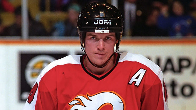 TORONTO, ON - JANUARY 28: Theoren Fleury #14 of the Calgary Flames skates against the Toronto Maple Leafs during NHL game action on January 28, 1995 at Maple Leaf Gardens in Toronto, Ontario, Canada. Toronto defeated Calgary 2-1.