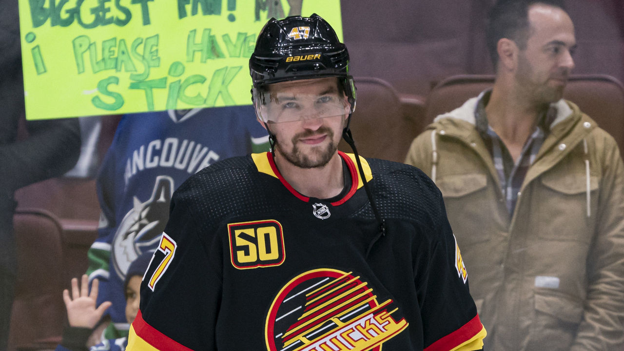 VANCOUVER, BC - NOVEMBER 16: Sven Baertschi #47 of the Vancouver Canucks during the pre-game warm up prior to NHL action against the Colorado Avalanche at Rogers Arena on November 16, 2019 in Vancouver, Canada.