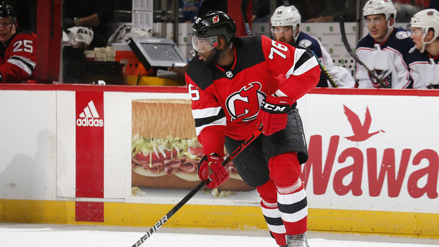 NEWARK, NJ - FEBRUARY 16: P.K. Subban #76 of the New Jersey Devils plays the puck against the Columbus Blue Jackets during the game at the Prudential Center on February 16, 2020 in Newark, New Jersey. "n"n"n