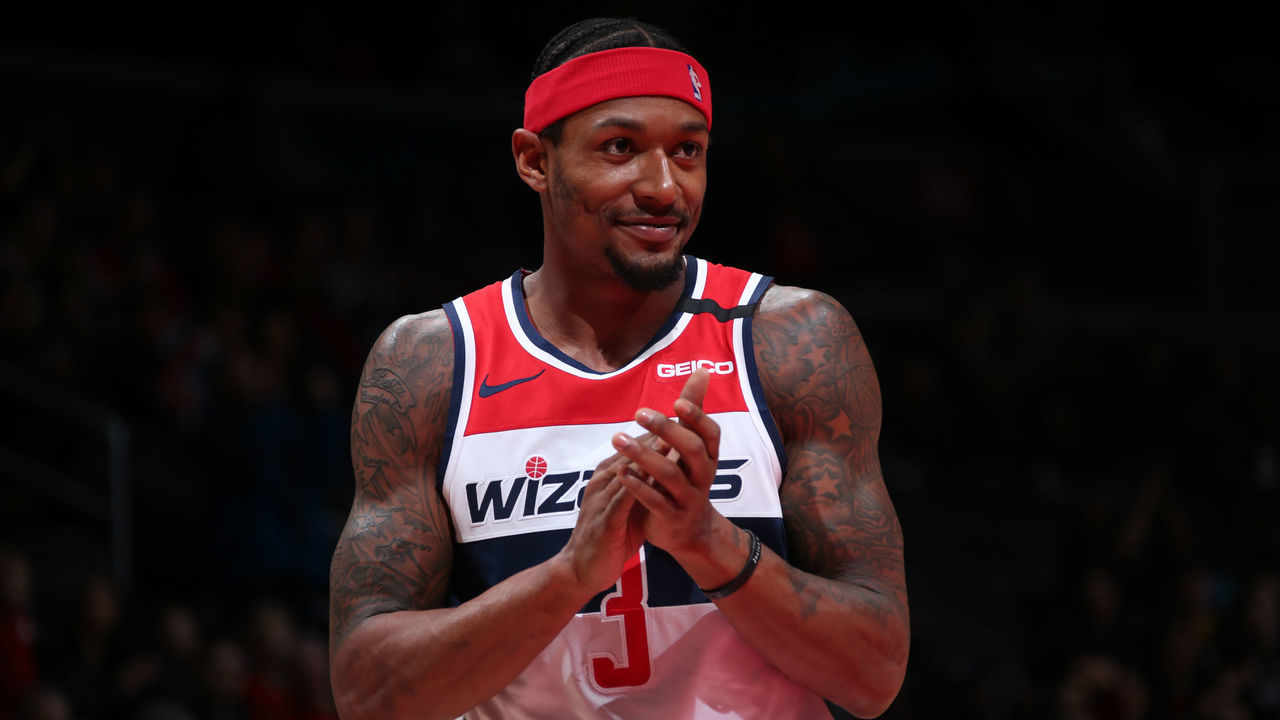 WASHINGTON, DC - MARCH 6: Bradley Beal #3 of the Washington Wizards reacts to a play during the game against the Atlanta Hawks on March 6, 2020 at Capital One Arena in Washington, DC. Mandatory Copyright Notice: Copyright 2020 NBAE
