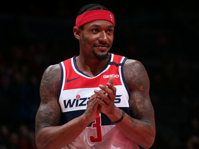 WASHINGTON, DC - MARCH 6: Bradley Beal #3 of the Washington Wizards reacts to a play during the game against the Atlanta Hawks on March 6, 2020 at Capital One Arena in Washington, DC. Mandatory Copyright Notice: Copyright 2020 NBAE