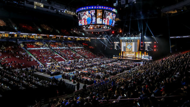 VANCOUVER, BC - JUNE 22: A general view of the draft floor prior to the Anaheim Ducks pick during the second round of the 2019 NHL Draft at Rogers Arena on June 22, 2019 in Vancouver, British Columbia, Canada.