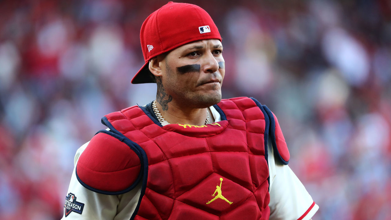 ST LOUIS, MISSOURI - OCTOBER 12: Catcher Yadier Molina #4 of the St. Louis Cardinals walks off the field after the sixth inning of game two of the National League Championship Series against the Washington Nationals at Busch Stadium on October 12, 2019 in St Louis, Missouri.