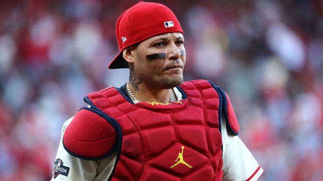 ST LOUIS, MISSOURI - OCTOBER 12: Catcher Yadier Molina #4 of the St. Louis Cardinals walks off the field after the sixth inning of game two of the National League Championship Series against the Washington Nationals at Busch Stadium on October 12, 2019 in St Louis, Missouri.