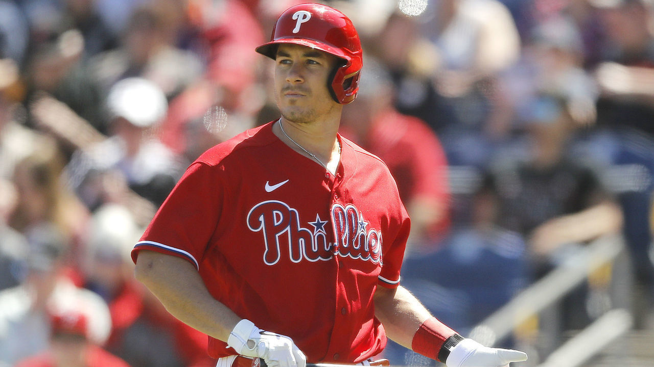CLEARWATER, FLORIDA - MARCH 07: J.T. Realmuto #10 of the Philadelphia Phillies reacts after striking out against the Boston Red Soxof a Grapefruit League spring training game on March 07, 2020 in Clearwater, Florida.