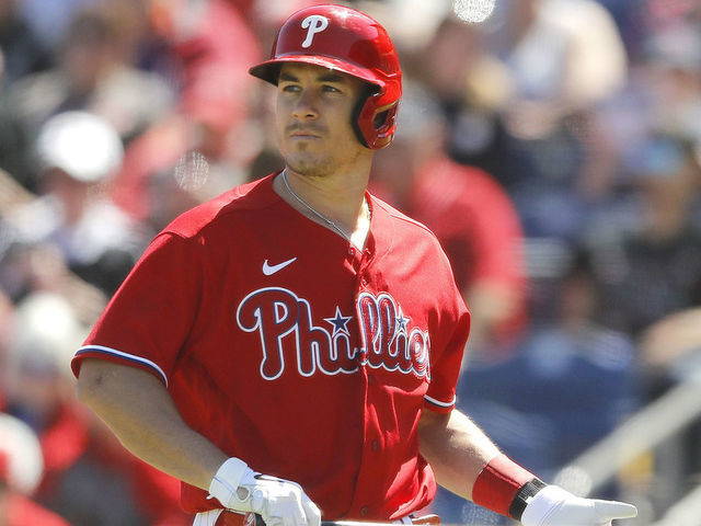 CLEARWATER, FLORIDA - MARCH 07: J.T. Realmuto #10 of the Philadelphia Phillies reacts after striking out against the Boston Red Soxof a Grapefruit League spring training game on March 07, 2020 in Clearwater, Florida.