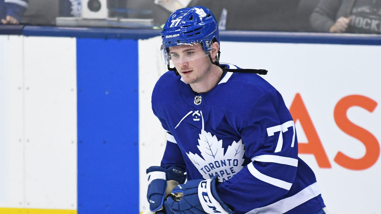 TORONTO, ON - JANUARY 08: Toronto Maple Leafs Center Adam Brooks (77) in warmups prior to the regular season NHL game between the Winnipeg Jets and Toronto Maple Leafs on January 8, 2019 at Scotiabank Arena in Toronto, ON.