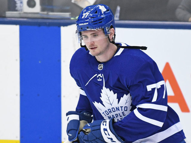 TORONTO, ON - JANUARY 08: Toronto Maple Leafs Center Adam Brooks (77) in warmups prior to the regular season NHL game between the Winnipeg Jets and Toronto Maple Leafs on January 8, 2019 at Scotiabank Arena in Toronto, ON.