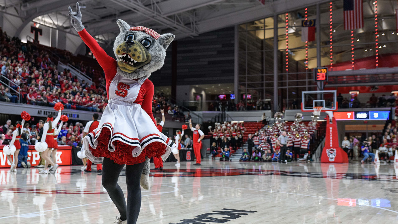 RALEIGH, NC - MARCH 25: NC State Wolfpack mascot "Ms. Wuf" during the 2019 Div 1 Championship - Second Round college basketball game between the Kentucky Wildcats and the NC State Wolfpack on March 25, 2019 at Reynolds Coliseum in Raleigh, NC.
