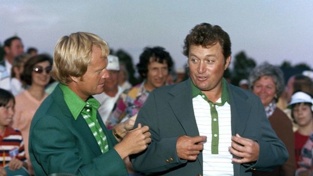 AUGUSTA, GA - April, 1976 Jack NIcklaus (R) presents Ray Floyd wiht the Green Jacket during the Presentation Ceremony during the 1976 Masters Tournament at Augusta National Golf Club during April 1976 in Augusta, Georgia.