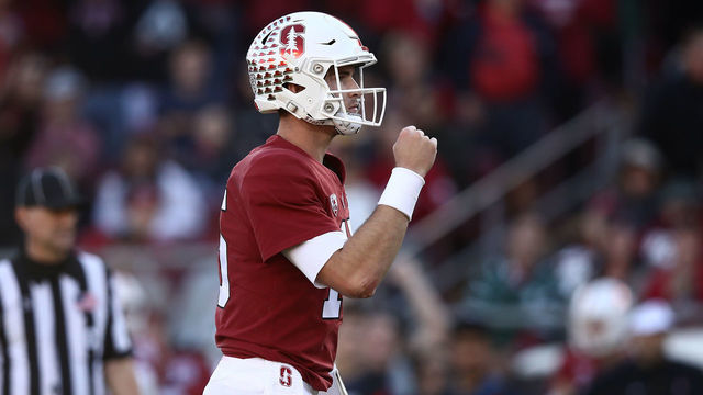 PALO ALTO, CALIFORNIA - NOVEMBER 23: Davis Mills #15 reacts after Cameron Scarlett #22 of the Stanford Cardinal ran in for a touchdown against the California Golden Bears at Stanford Stadium on November 23, 2019 in Palo Alto, California.