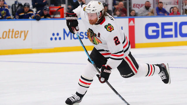 ST. LOUIS, MO - FEBRUARY 25: Duncan Keith #2 of the Chicago Blackhawks scores a goal against the St. Louis Blues at the Enterprise Center on February 25, 2020 in St. Louis, Missouri.