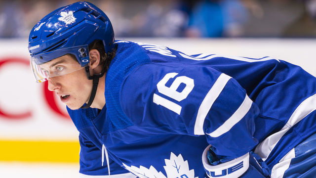 TORONTO, ON - MARCH 10: Mitch Marner #16 of the Toronto Maple Leafs waits on a face off against the Tampa Bay Lightning during the second period at the Scotiabank Arena on March 10, 2020 in Toronto, Ontario, Canada.