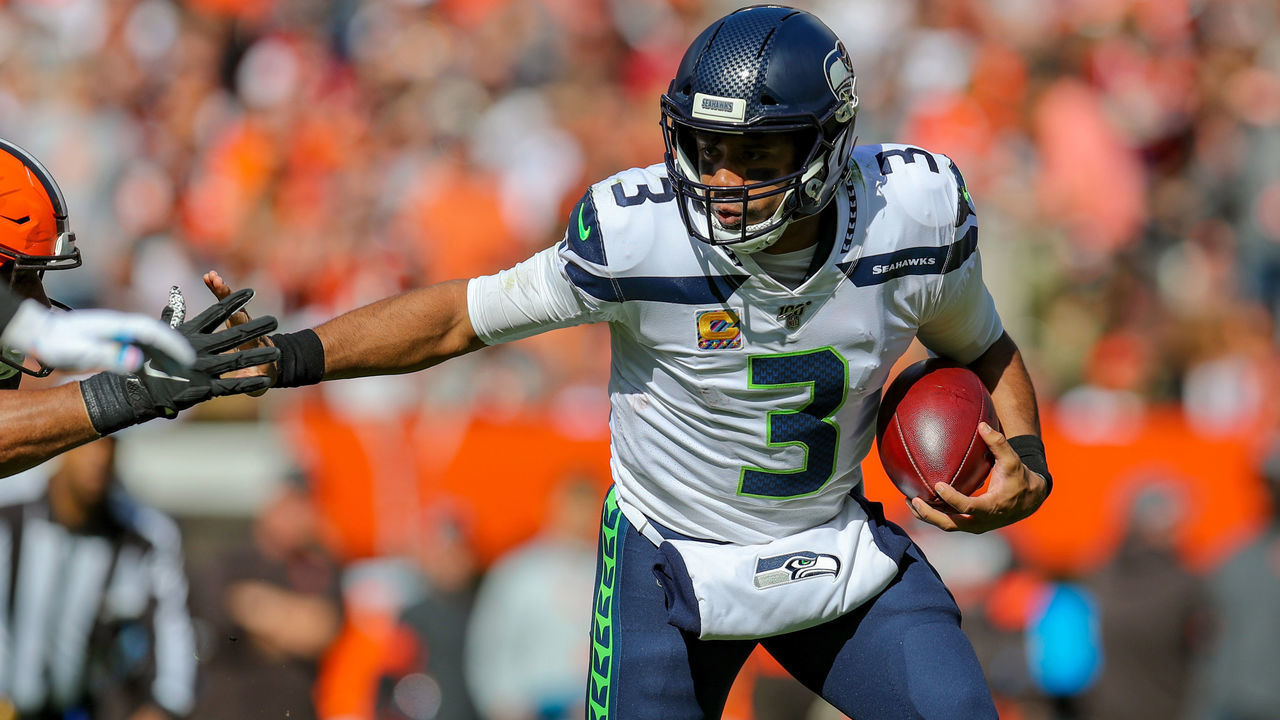 CLEVELAND, OH - OCTOBER 13: Seattle Seahawks quarterback Russell Wilson (3) carries the football during the second quarter of the National Football League game between the Seattle Seahawks and Cleveland Browns on October 13, 2019, at FirstEnergy Stadium in Cleveland, OH.