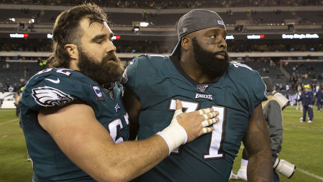 PHILADELPHIA, PA - JANUARY 05: Jason Kelce #62 and Jason Peters #71 of the Philadelphia Eagles embrace after the NFC Wild Card game against the Seattle Seahawks at Lincoln Financial Field on January 5, 2020 in Philadelphia, Pennsylvania.