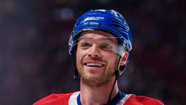 MONTREAL, QC - JANUARY 03: Montreal Canadiens center Max Domi (13) gives a fan a smile during the warmup of the NHL game between the Vancouver Canucks and the Montreal Canadiens on January 03, 2019, at the Bell Centre in Montreal, QC