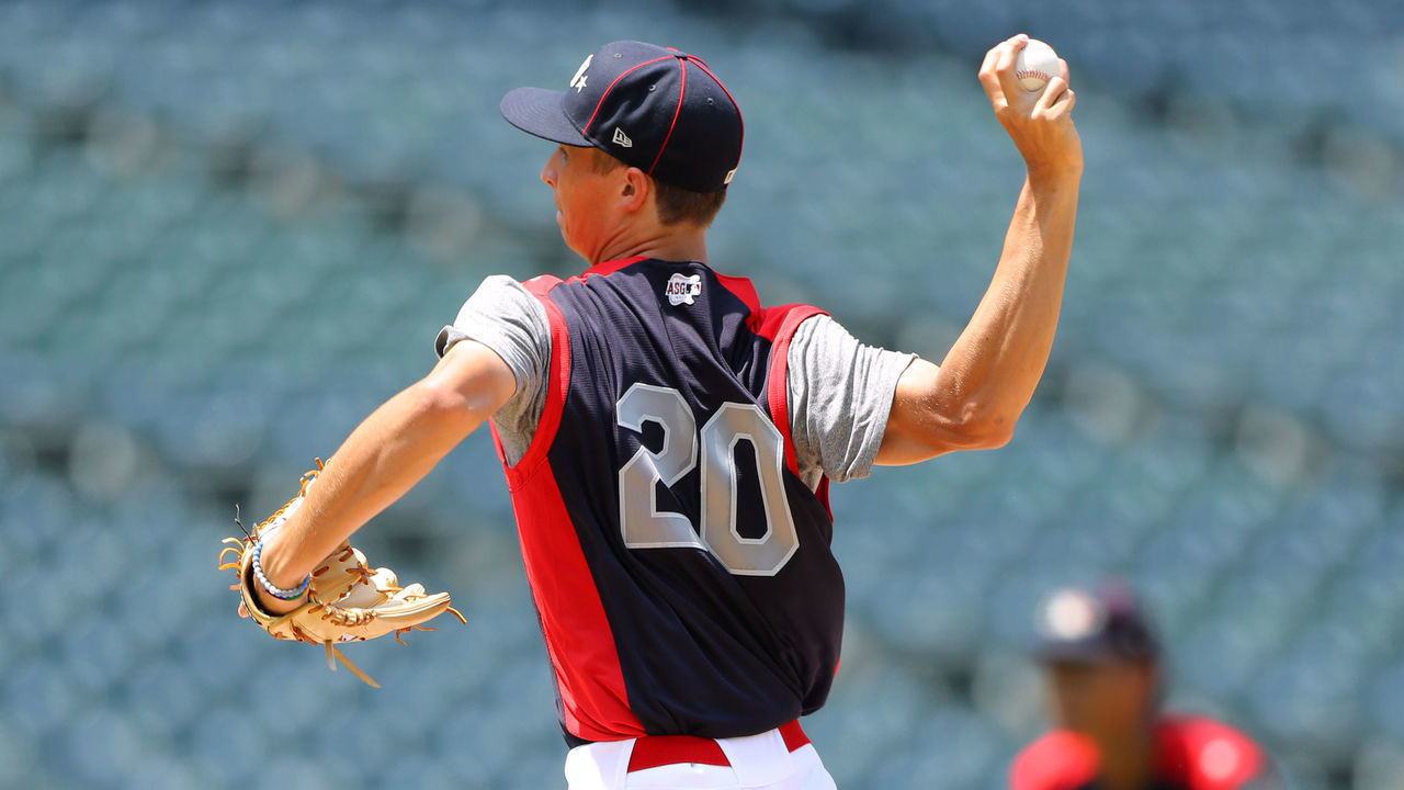 CLEVELAND, OH - JULY 06: Mick Abel #20 pitches during the High School All-Star Game at Progressive Field on Saturday, July 6, 2019 in Cleveland, Ohio.