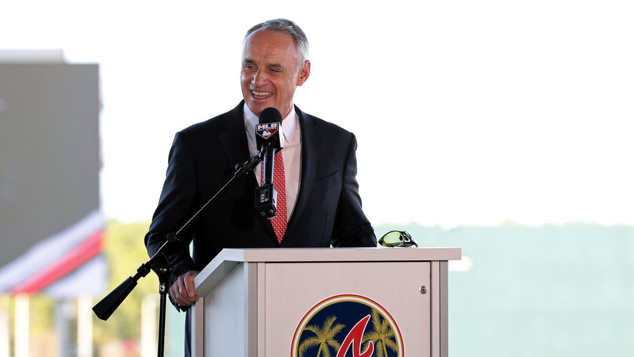 NORTH PORT, FL - FEBRUARY 16: Major League Baseball Robert D. Manfred Jr. talks to the media during the Grape Fruit League Media Availability press conference at CoolToday Park on Monday, February 16, 2020 in North Port, Florida.