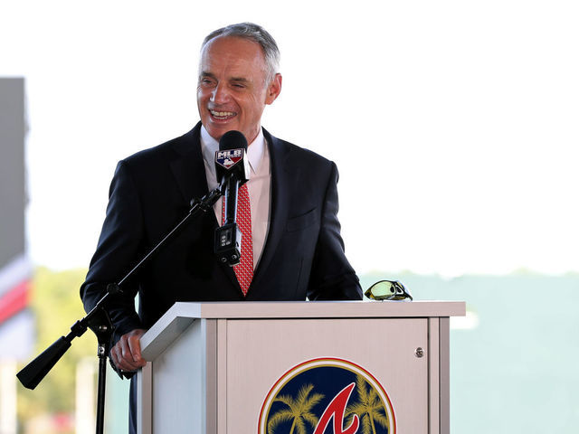 NORTH PORT, FL - FEBRUARY 16: Major League Baseball Robert D. Manfred Jr. talks to the media during the Grape Fruit League Media Availability press conference at CoolToday Park on Monday, February 16, 2020 in North Port, Florida.